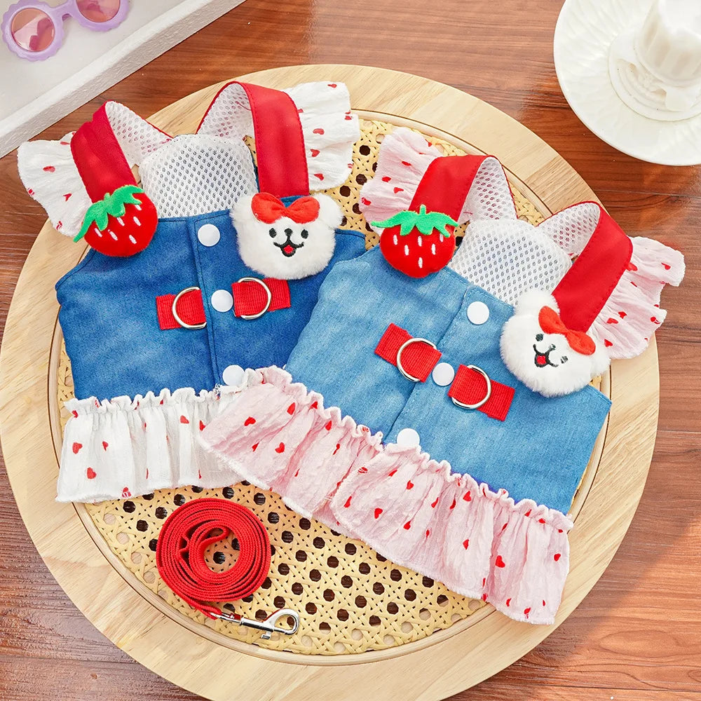 Cute Heart Print Dog Harness Dress with Leash Denim Puppy Princess Skirt Cute Cat Harness Pet Outdoor Walking Rope Dog Clothes