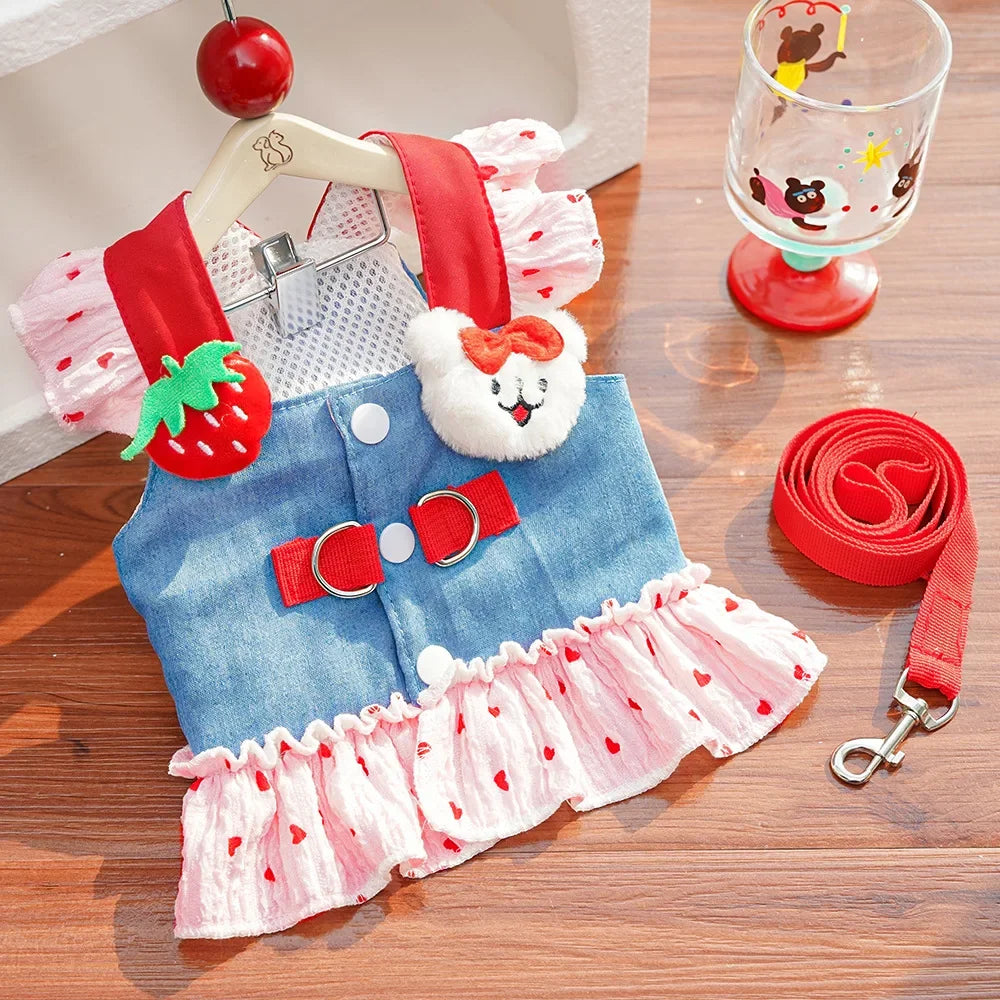 Cute Heart Print Dog Harness Dress with Leash Denim Puppy Princess Skirt Cute Cat Harness Pet Outdoor Walking Rope Dog Clothes