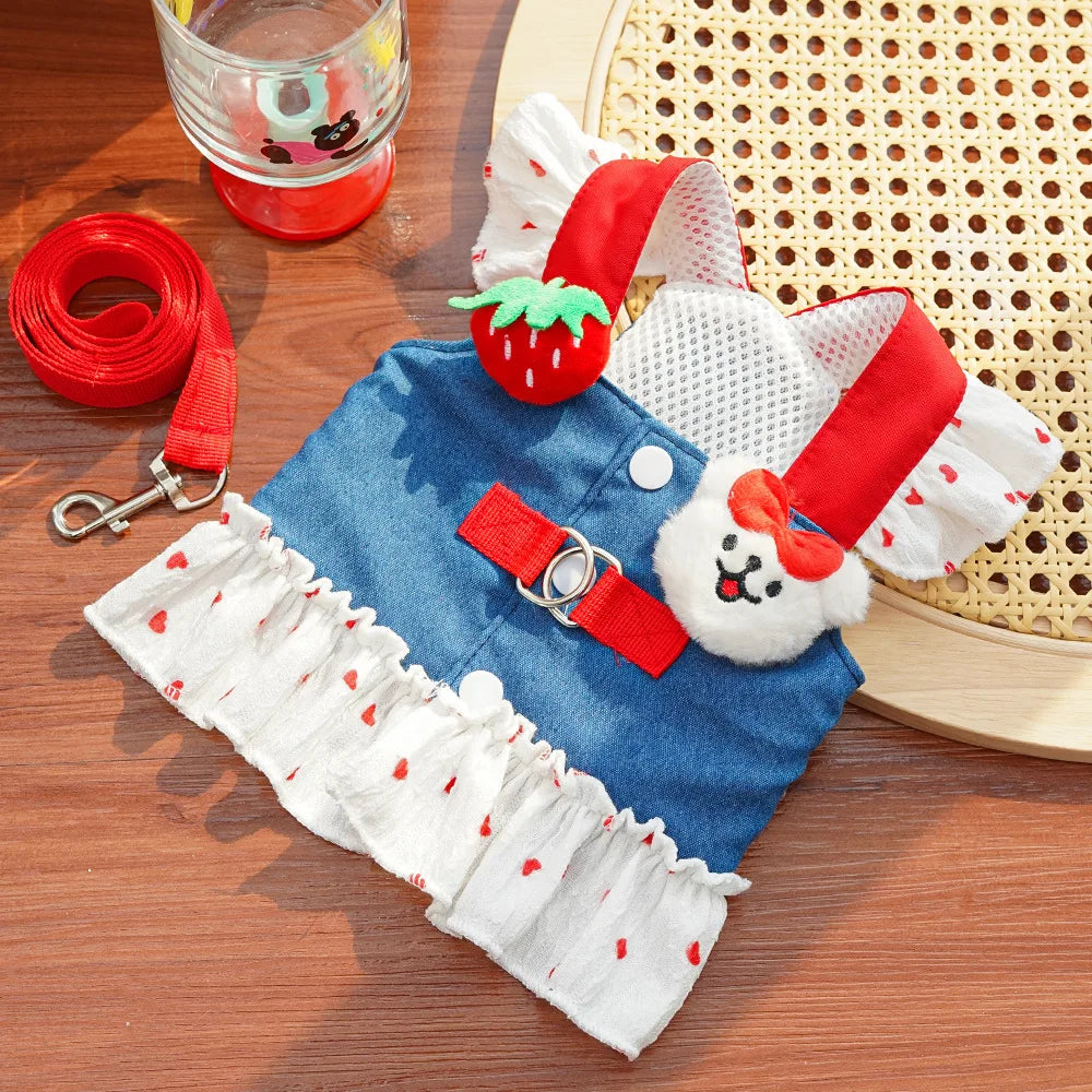 Cute Heart Print Dog Harness Dress with Leash Denim Puppy Princess Skirt Cute Cat Harness Pet Outdoor Walking Rope Dog Clothes