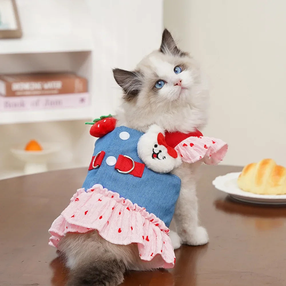 Cute Heart Print Dog Harness Dress with Leash Denim Puppy Princess Skirt Cute Cat Harness Pet Outdoor Walking Rope Dog Clothes