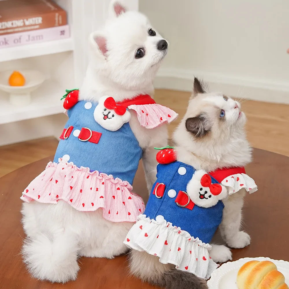 Cute Heart Print Dog Harness Dress with Leash Denim Puppy Princess Skirt Cute Cat Harness Pet Outdoor Walking Rope Dog Clothes
