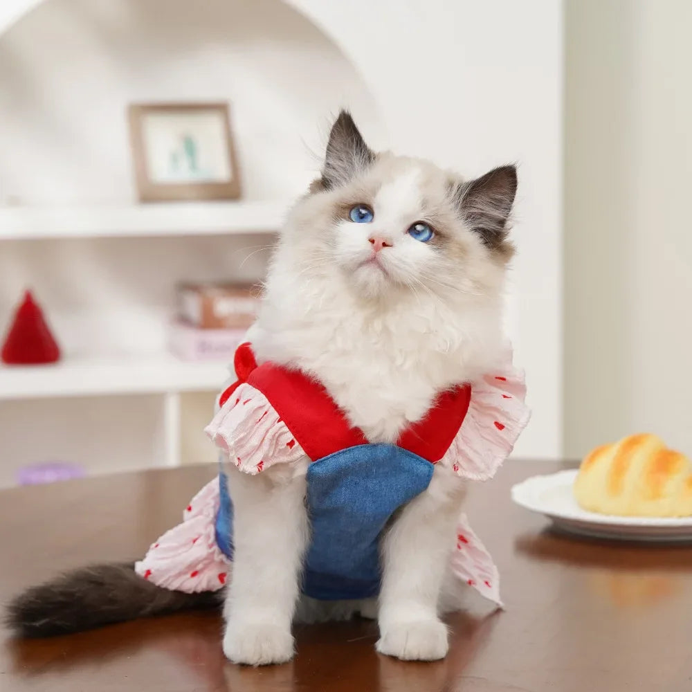 Cute Heart Print Dog Harness Dress with Leash Denim Puppy Princess Skirt Cute Cat Harness Pet Outdoor Walking Rope Dog Clothes
