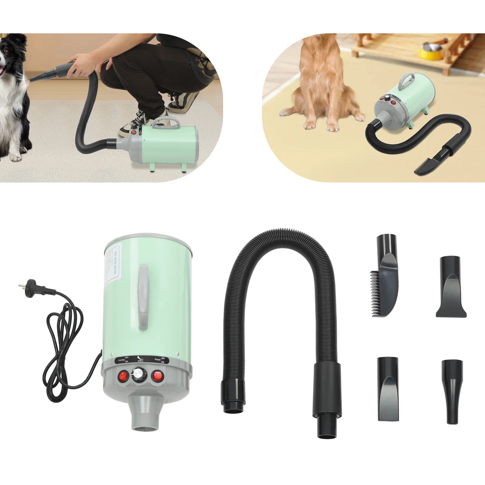 2200W Pet Hair Dryer,Adjustable Wind Speed,Black/Green/Blue/Gray Electric Dog Cat Hair Dryer,Pet Drying Machine with 4 Nozzles