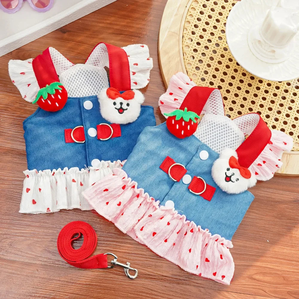 Cute Heart Print Dog Harness Dress with Leash Denim Puppy Princess Skirt Cute Cat Harness Pet Outdoor Walking Rope Dog Clothes