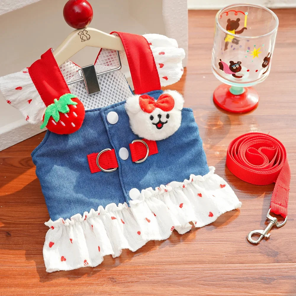 Cute Heart Print Dog Harness Dress with Leash Denim Puppy Princess Skirt Cute Cat Harness Pet Outdoor Walking Rope Dog Clothes