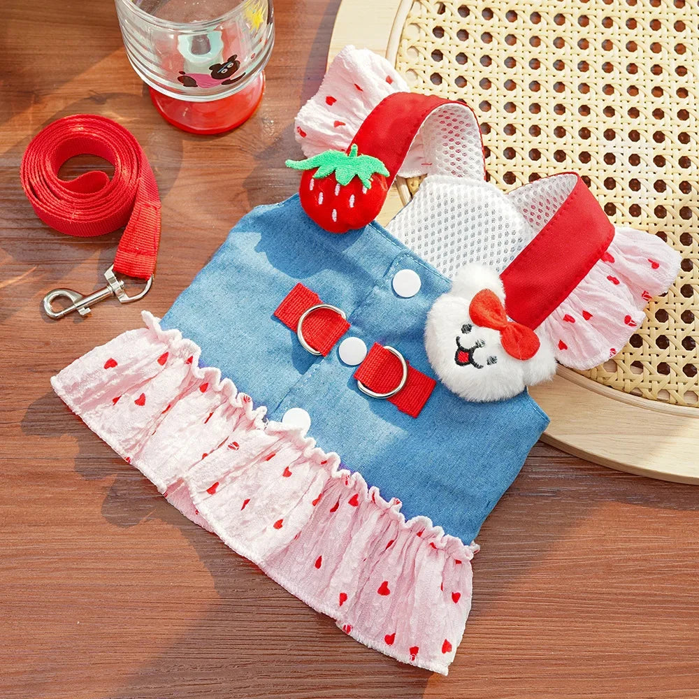 Cute Heart Print Dog Harness Dress with Leash Denim Puppy Princess Skirt Cute Cat Harness Pet Outdoor Walking Rope Dog Clothes