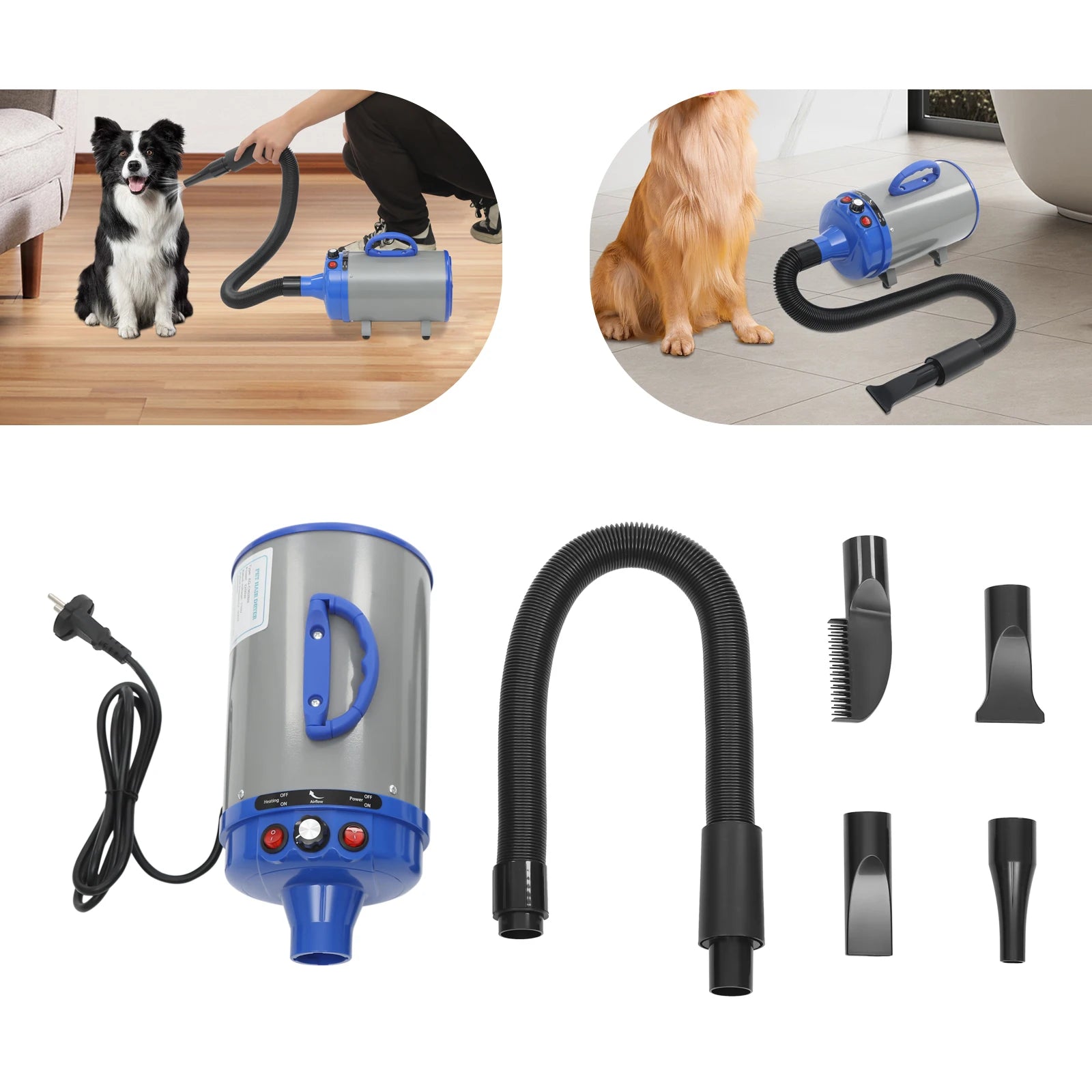 2200W Pet Hair Dryer,Adjustable Wind Speed,Black/Green/Blue/Gray Electric Dog Cat Hair Dryer,Pet Drying Machine with 4 Nozzles