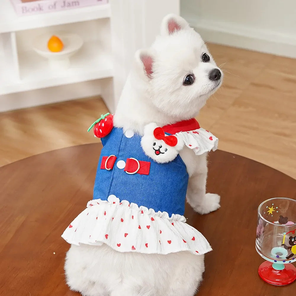 Cute Heart Print Dog Harness Dress with Leash Denim Puppy Princess Skirt Cute Cat Harness Pet Outdoor Walking Rope Dog Clothes