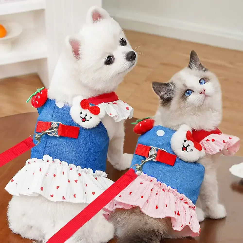 Cute Heart Print Dog Harness Dress with Leash Denim Puppy Princess Skirt Cute Cat Harness Pet Outdoor Walking Rope Dog Clothes