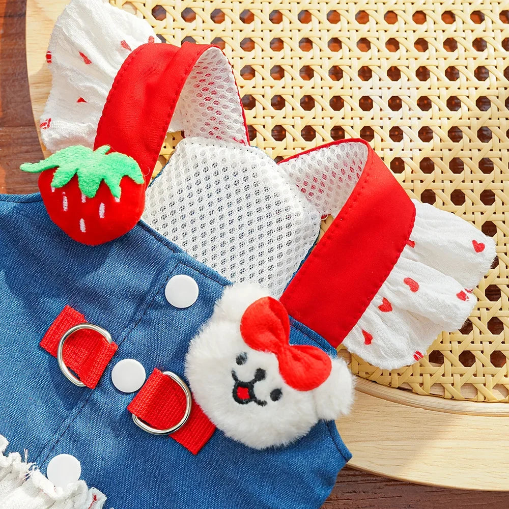 Cute Heart Print Dog Harness Dress with Leash Denim Puppy Princess Skirt Cute Cat Harness Pet Outdoor Walking Rope Dog Clothes