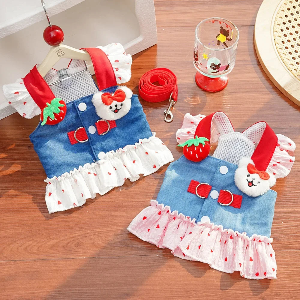 Cute Heart Print Dog Harness Dress with Leash Denim Puppy Princess Skirt Cute Cat Harness Pet Outdoor Walking Rope Dog Clothes