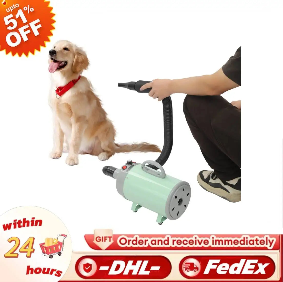 2200W Pet Hair Dryer,Adjustable Wind Speed,Black/Green/Blue/Gray Electric Dog Cat Hair Dryer,Pet Drying Machine with 4 Nozzles