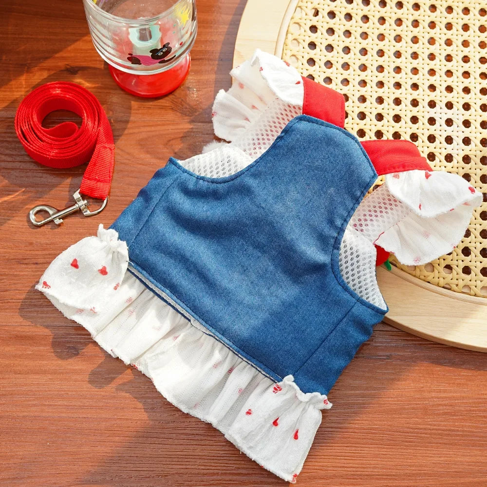 Cute Heart Print Dog Harness Dress with Leash Denim Puppy Princess Skirt Cute Cat Harness Pet Outdoor Walking Rope Dog Clothes