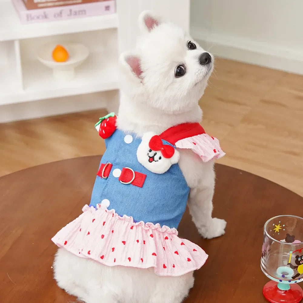 Cute Heart Print Dog Harness Dress with Leash Denim Puppy Princess Skirt Cute Cat Harness Pet Outdoor Walking Rope Dog Clothes