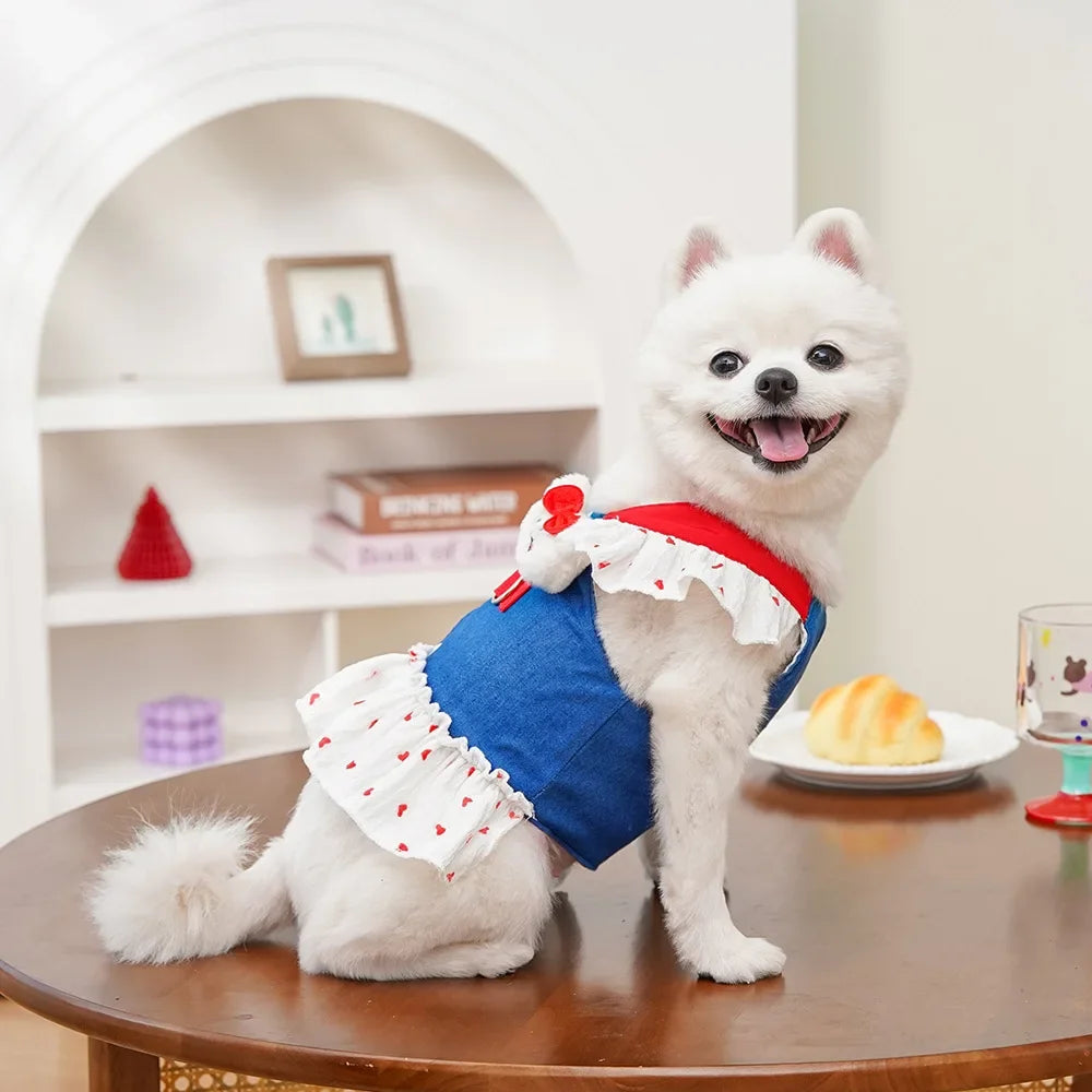 Cute Heart Print Dog Harness Dress with Leash Denim Puppy Princess Skirt Cute Cat Harness Pet Outdoor Walking Rope Dog Clothes