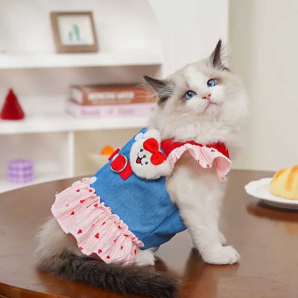 Cute Heart Print Dog Harness Dress with Leash Denim Puppy Princess Skirt Cute Cat Harness Pet Outdoor Walking Rope Dog Clothes