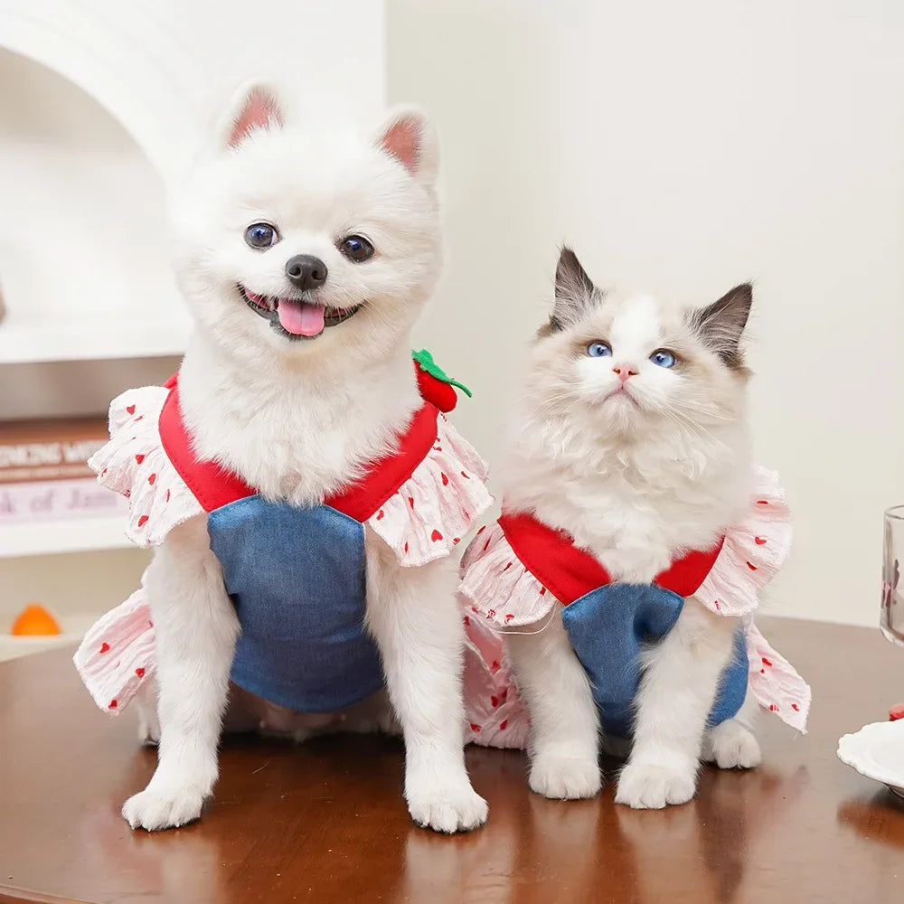 Cute Heart Print Dog Harness Dress with Leash Denim Puppy Princess Skirt Cute Cat Harness Pet Outdoor Walking Rope Dog Clothes