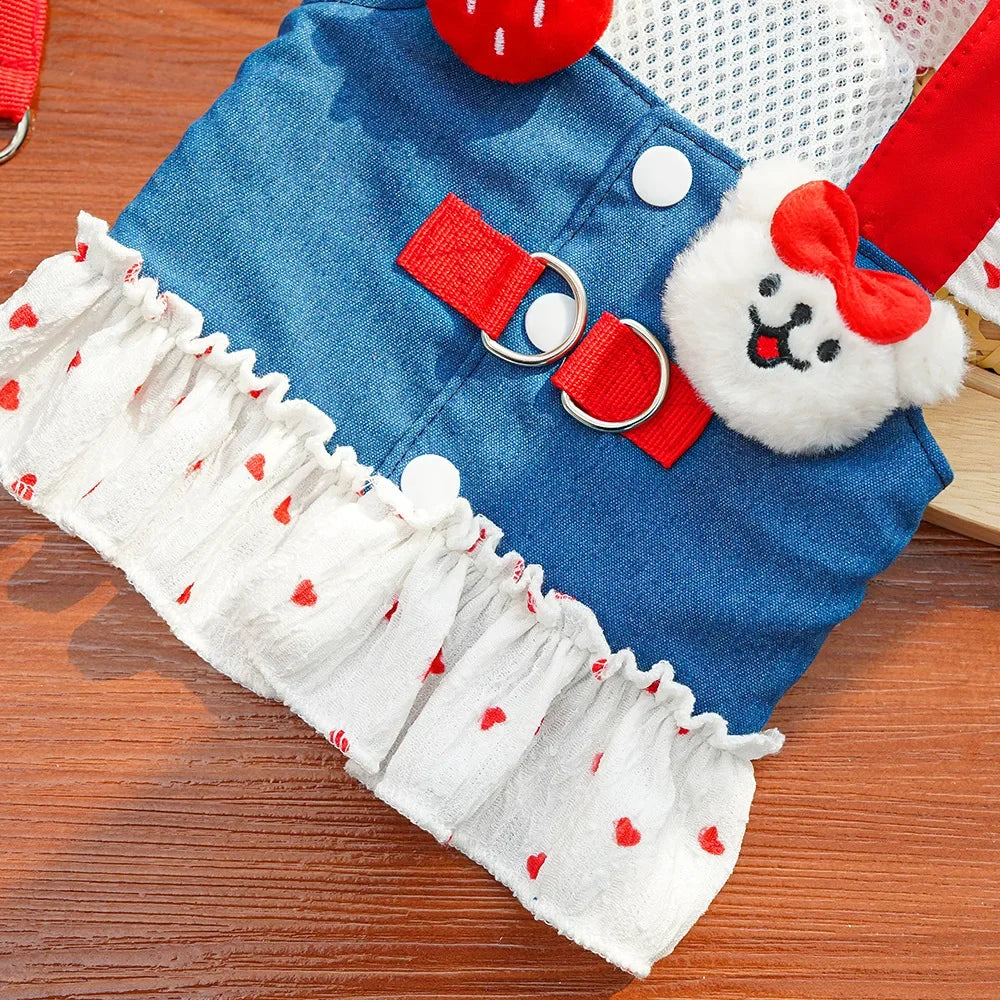 Cute Heart Print Dog Harness Dress with Leash Denim Puppy Princess Skirt Cute Cat Harness Pet Outdoor Walking Rope Dog Clothes